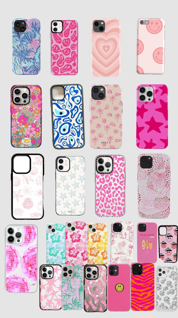 many cell phones are lined up in different colors and designs, all with hearts on them