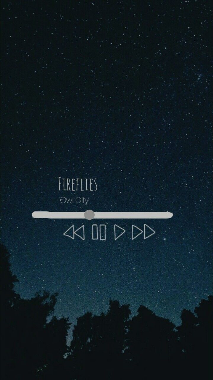 the night sky is lit up with stars and trees in the foreground, which reads fireflies owl city