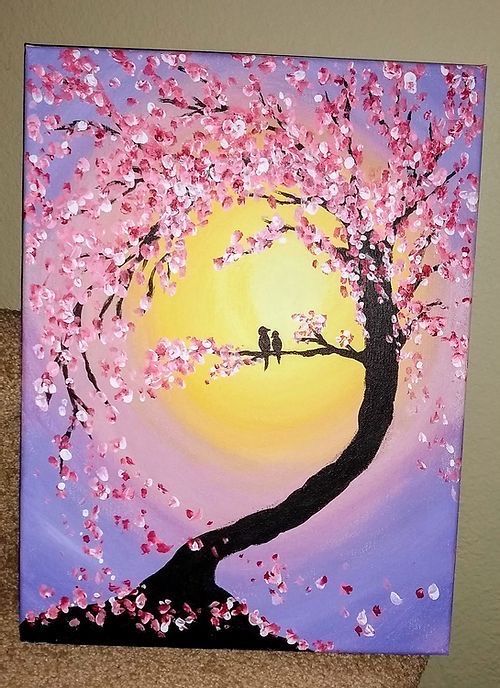 a painting of two birds sitting on a tree branch in front of a purple and yellow sunset