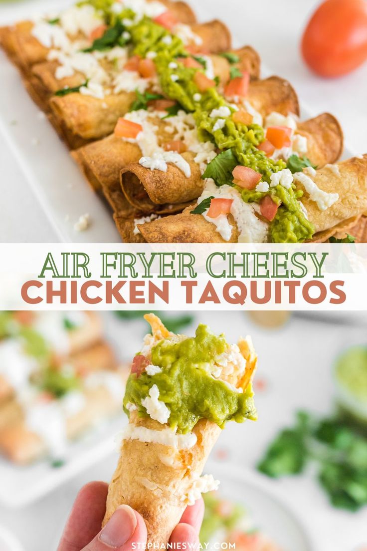 an air fryer cheesy chicken taquito is being held up to the camera