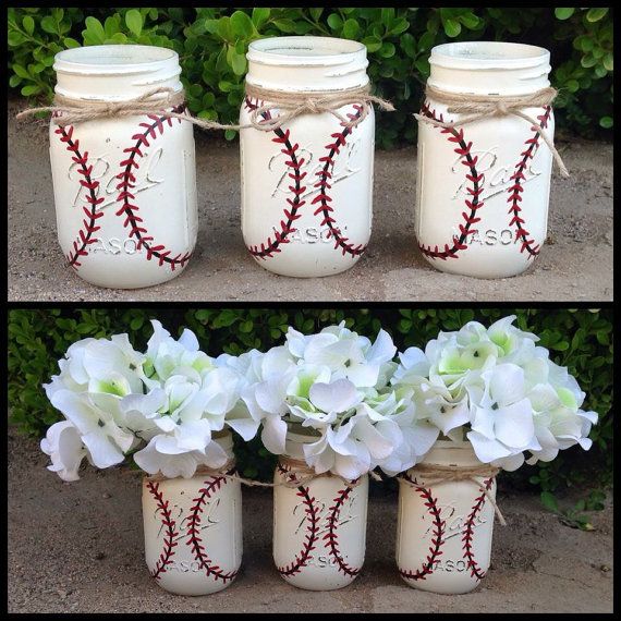 four mason jars with flowers in them