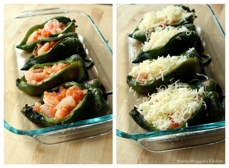 two pictures of stuffed peppers with cheese and shrimp in them on a wooden table top