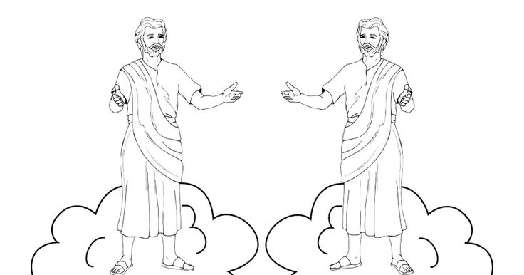 two men standing on clouds with one holding his hands out and the other pointing at him