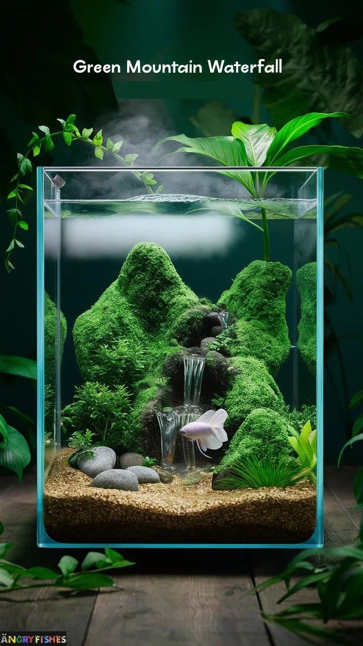 an aquarium with moss and rocks in it