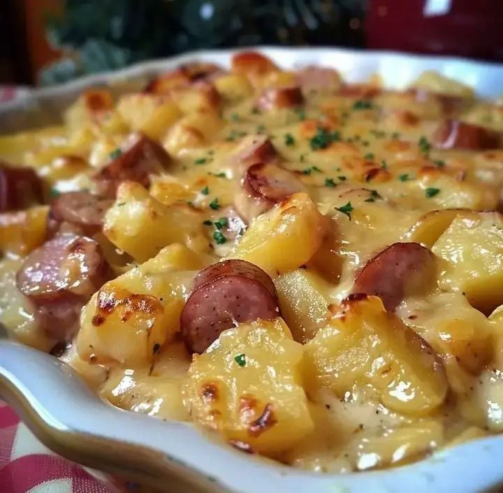 a casserole dish filled with potatoes and sausage