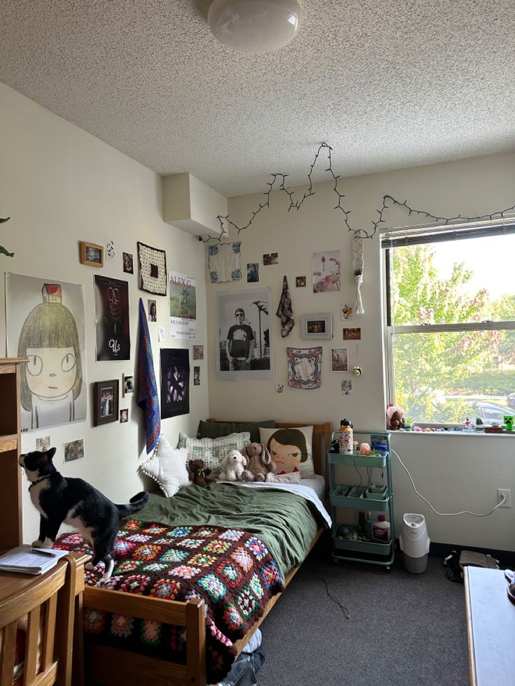 a dog is sitting on the edge of a bed in a room with many pictures