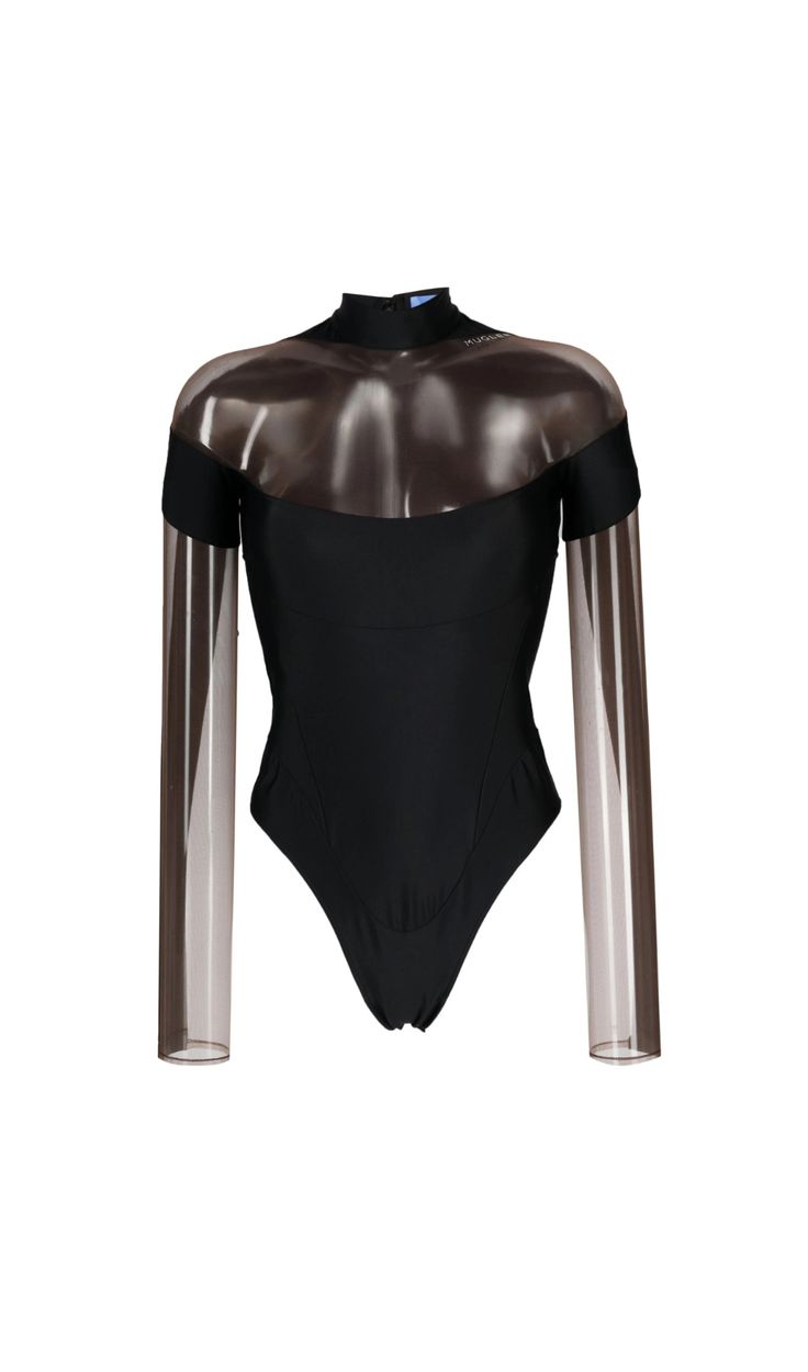 "Transform any outfit with our Black Illusion Neckline Bodysuit. This sleek and versatile piece features an alluring illusion neckline that adds a touch of intrigue to your look. Perfect for day or night, this bodysuit is a must-have addition to your wardrobe. Black Made from sheer mesh panels at shoulders and sleeves Off-the-shoulder illusion cut Long sleeves High neck Concealed zip back fastening with Star pull High cut Made in Portugal Colour may vary due to lighting on images. The product im Black Bodysuit With Mesh Sleeves For Evening, Black Mesh Sleeve Bodysuit For Evening, Elegant Nylon Bodysuit For Night Out, Chic Stretch Bodysuit With Mesh Sleeves, Chic Evening Bodysuit With Mesh Sleeves, Chic Fitted Nylon Bodysuit, Elegant Sheer Nylon Bodysuit, Elegant Bodysuit With Mesh Sleeves For Parties, Elegant Party Bodysuit With Mesh Sleeves