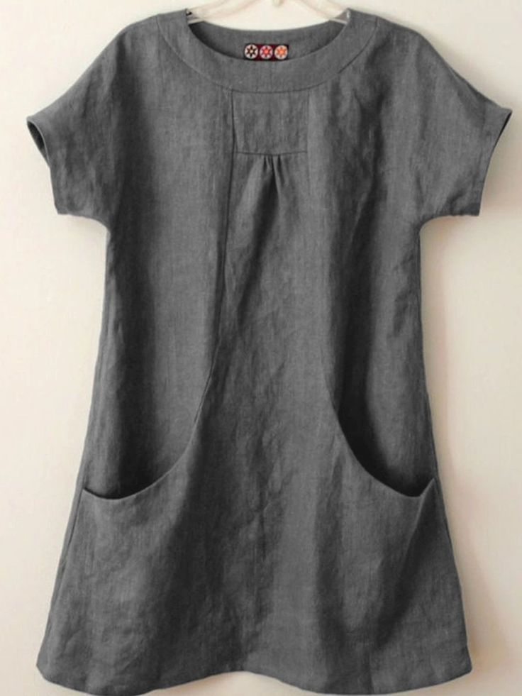 Short Sleeve Pockets Cotton-blend Shirts & Tops Linen Black Summer Tops With Side Pockets, Black Top With Side Pockets For Summer, Plain Gray Shirt For Summer, Plain Gray Summer Shirt, Gray Plain Shirt For Summer, Summer Crew Neck Tops With Pockets, Gray Summer Tops With Pockets, Summer Gray Tops With Pockets, Spring Crew Neck Shirt With Pockets