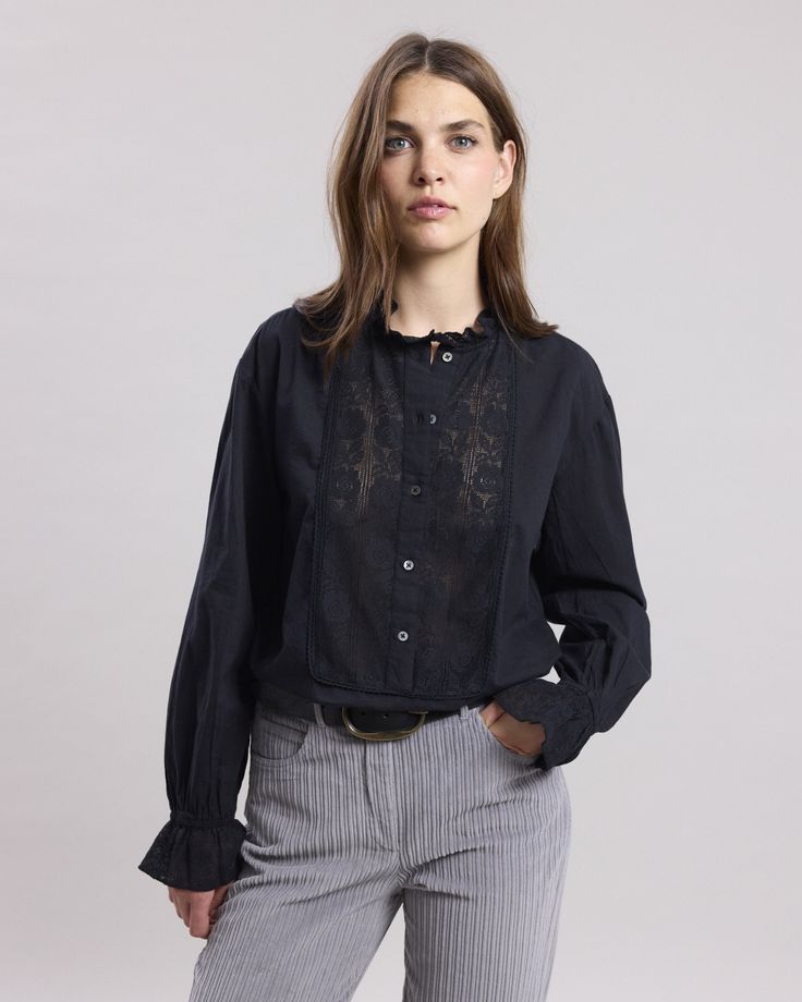 Women's cotton voile blouse with lace bib, collar and sleeves. Half-button placket and and gather details on the back. Loose fit. Woman Shirt, Bib Collar, Cotton Voile, Button Placket, Summer Collection, Black Cotton, Veil, Casual Style, Loose Fitting