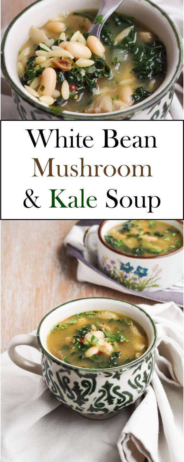 white bean, mushroom and kale soup is shown in two bowls with spoons