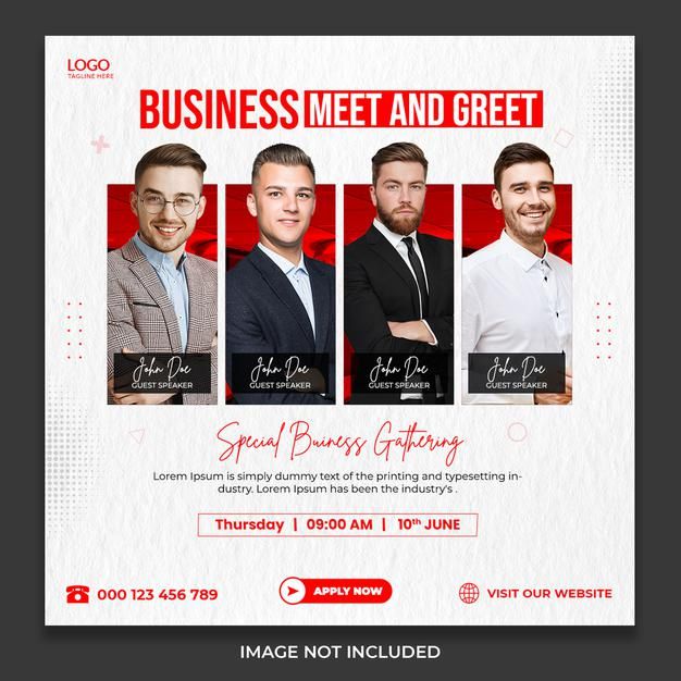 a flyer for a business meeting with three men in suits and ties on the front