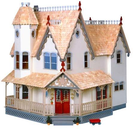 a doll house with red doors and windows