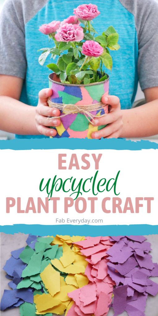 a child holding a potted plant with the words easy upcycled plant pot craft