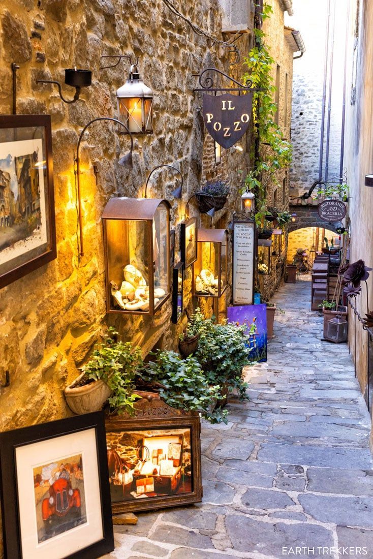 an alley way with lanterns and pictures on the wall, potted plants and other items