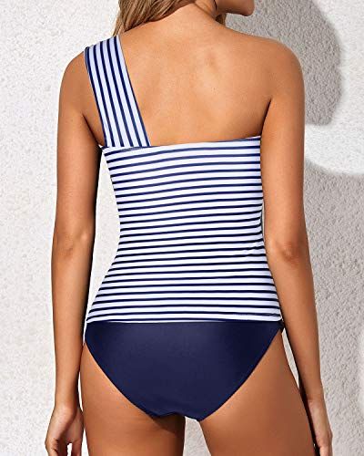 Swimwear Type: tankini Style: elegant, flattering, sexy Fabric: 82% nylon, 18% spandex Closure: pull on closure Neckline: one shoulder Back Style: backless Chest Pad: removable padded Color: blue white stripe1 Decoration: ruched, asymmetrical, tummy control Waist: mid waisted Bottom Style: high leg Garment Care: hand wash only Tankini Bathing Suits, Flattering Bathing Suit, Bathing Suit For Women, Ruched Tankini, Backless Swimwear, Bathing Suits For Women, Striped Two Piece, Suit For Women, Pool Day