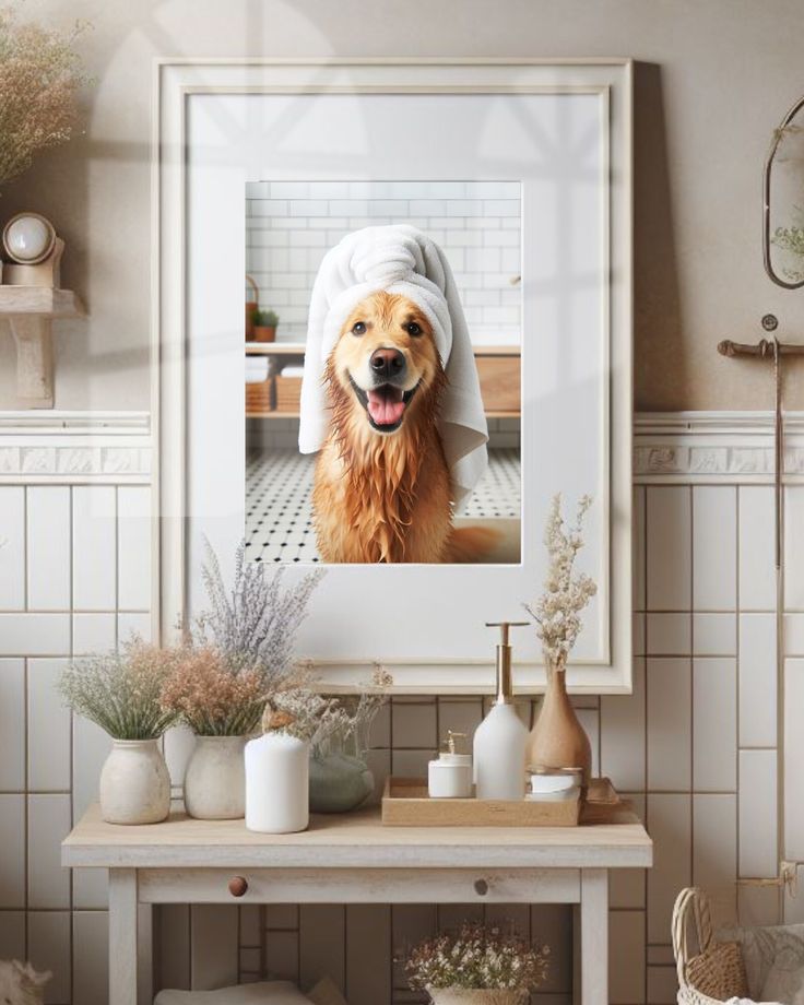 a dog with a towel on it's head sitting in front of a mirror