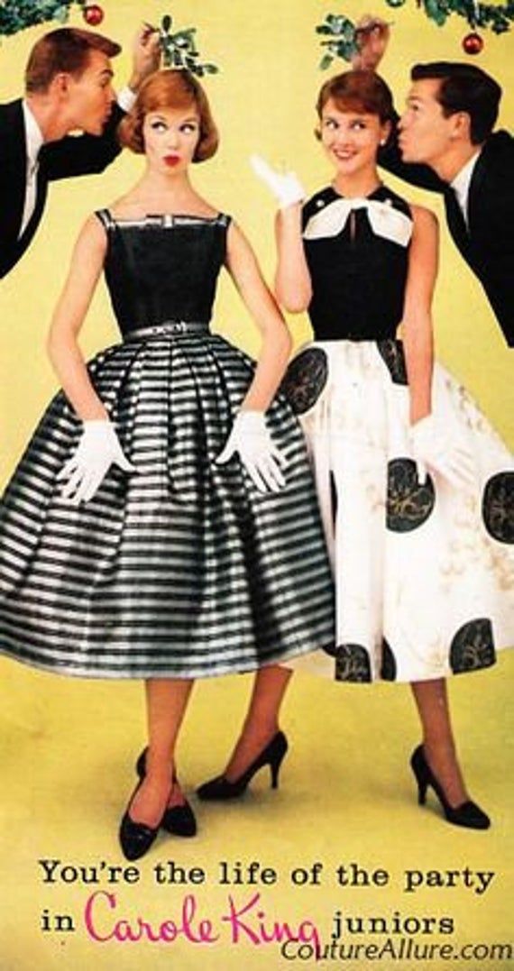 "1957 XS Silver Lurex Swing Dress - Party Dress - Fit and Flare - Silver Striped Dress - Beautiful Silver Lurex and Black Silk - Fitted Bodice and Flared at the Waist - Darted Bust, Pleated Skirt Bottom at Waist - Side Zipper - Fully Lined Labels/Materials: Juniors Fashions by Carole King - Black Silk, Silver Lurex, and what feels like an acetate lining - Vintage size 11 Upon researching the labels and searching for similar dresses, I stumbled upon an ad which dates this dress to 1957 for a Chri Holiday Party Fashion, 1950 Fashion, Lingerie Vintage, Carole King, Fifties Fashion, Rockabilly Style, Look Retro, Fashion 1950s, Full Skirt Dress