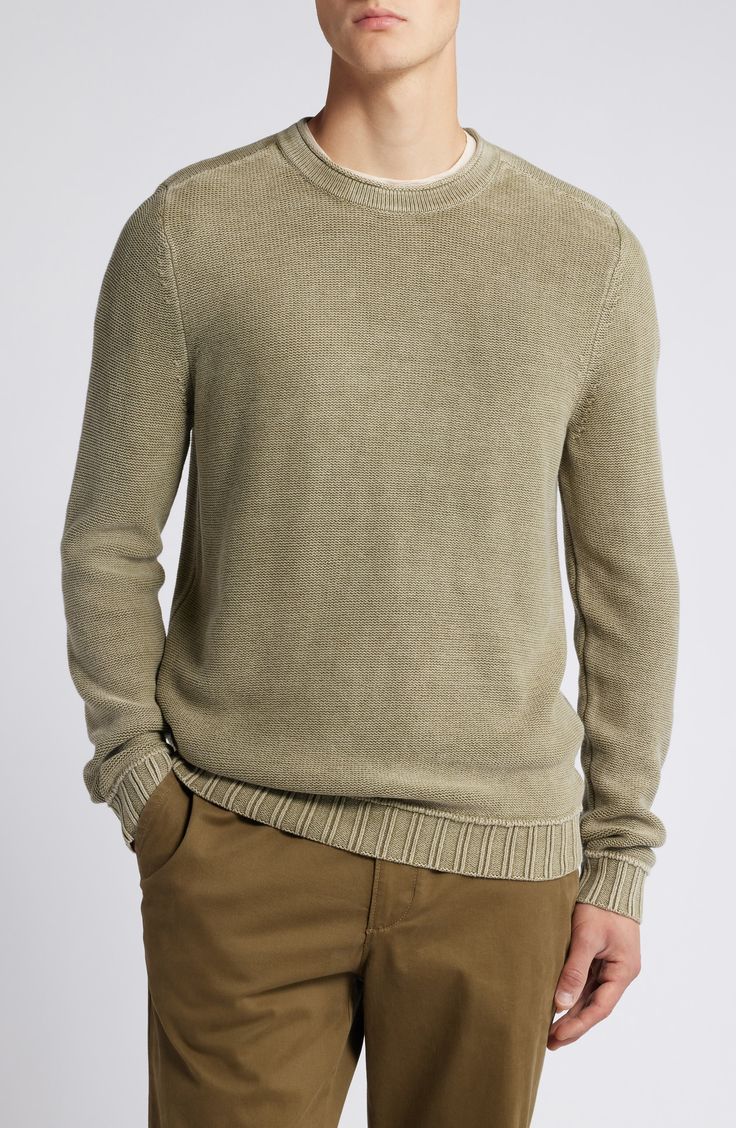 Rolled edges and reversed seams relax the vibe of this sweater knit from cotton-blend yarns and finished with a soft wash that perfectly breaks in the look and feel. Crewneck Long sleeves with ribbed cuffs 60% cotton, 40% acrylic Machine wash, dry flat Imported Cotton Crew Neck Knit Sweater, Relaxed Fit Textured Knit Sweatshirt For Layering, Casual Cotton Knit Sweater, Crew Neck Washed Sweater For Winter, Washed Crew Neck Sweater For Winter, Winter Washed Crew Neck Sweater, Cotton Crew Neck Sweatshirt With Knit Fabrication, Cotton Crew Neck Knit Sweatshirt, Casual Washed Cotton Sweater