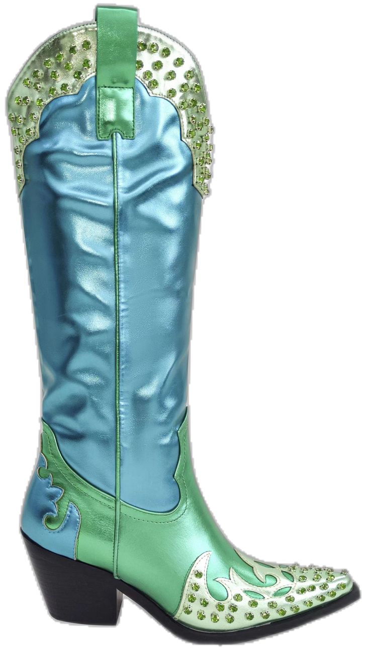 metallic blue and green western style cowboy boots with a block heel and rhinestone embellishment Western Style Blue Leather Heeled Boots, Western Blue Leather Heeled Boots, Blue Leather Western Heeled Boots, Western Blue Heeled Boots With Round Toe, Western Style Blue Boots With Reinforced Heel, Shiny Boots, Statement Shoe, Sandal Platform, Western Boot