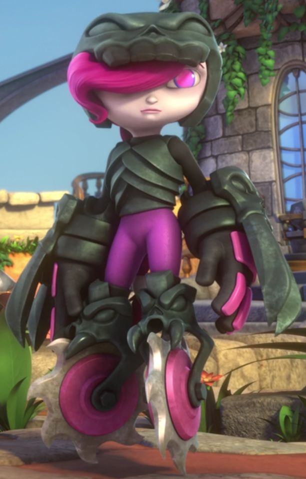 a cartoon character with pink hair and black gloves