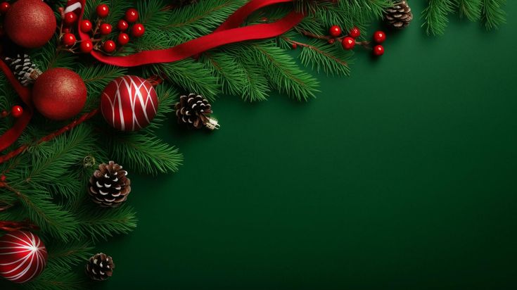 green christmas background with red and white baubles, pine cones, and ribbon