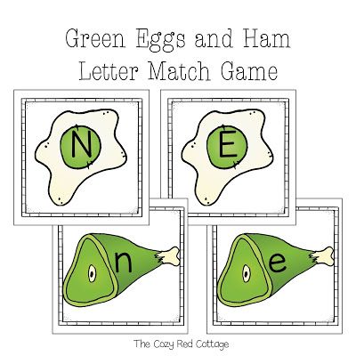 green eggs and ham letter match game with the letters e, n, e on them