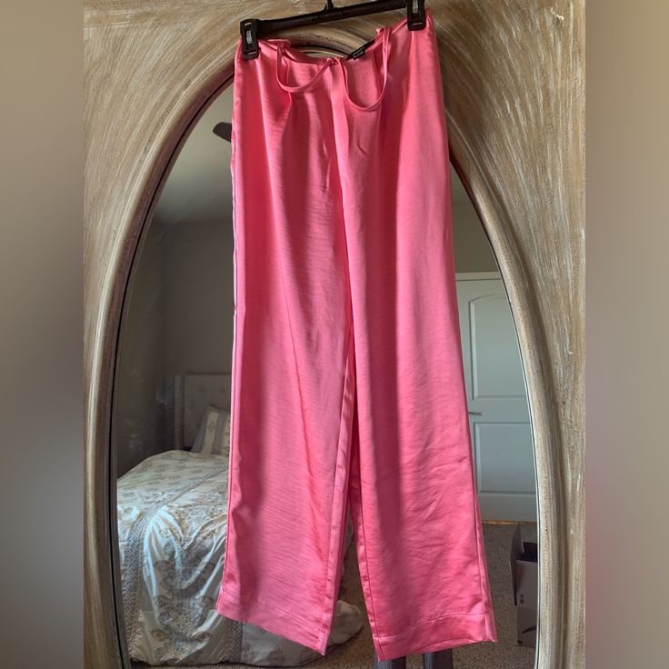 Brand New Peony/Blush Color Silk Like Material (Not Sure If It’s Silk But Feels Like It) Pants |Xs| Waist ~ 27inches Length ~ 39inches I Love These And Bought Them Without Trying Them On Thinking Xs Will Work. If Not, I’ll Get Them Tailored. Bought Them About A Month Ago And Haven’t Had Time To Take Them Into The Tailor And Most Likely Won’t ~ Knowing Myself Pink High Waist Wide Leg Pants For Loungewear, Relaxed Fit Pants For Pajama Party In Spring, Relaxed Fit Pants For Spring Pajama Party, Trendy Pink Wide Leg Pants For Loungewear, Wide-leg Pants For Pajama Party In Summer, Wide-leg Bottoms For Pajama Party In Spring, Wide Leg Bottoms For Pajama Party In Spring, Straight Pants For Summer Pajama Party, Chic Summer Pajama Party Pants