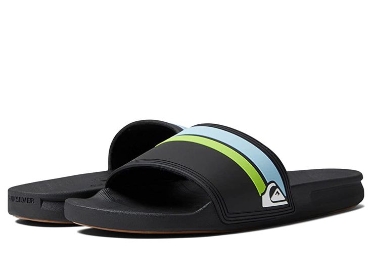 Quiksilver Rivi Slide - Men's Slide Shoes : Black/Orange/Blue : From beach to backyard, hook your style up with the crucial comfort of the Quiksilver Rivi Slide sandals! Slides in a cushioned silhouette. Water-friendly soft TPR upper with comfortable microfiber liner. Ultra-soft Hydrobound footbed with anatomically correct contours for all-day comfort. Slip-resistant outsole offers grippy traction and long-lasting wear. Imported. Measurements: Weight: 6.6 oz Product measurements were taken using Black Sandals With Cushioned Footbed For Beach, Adjustable Green Sport Sandals For The Beach, Synthetic Sandals For Surfing And Beach Season, Casual Tpr Slides For Summer, Outdoor Slides With Gel Cushing, Synthetic, Summer Sandals With Textured Footbed, Synthetic Slides With Gel Cushioning For Outdoor, Green Synthetic Slides For The Beach, Black Beach Slippers With Arch Support