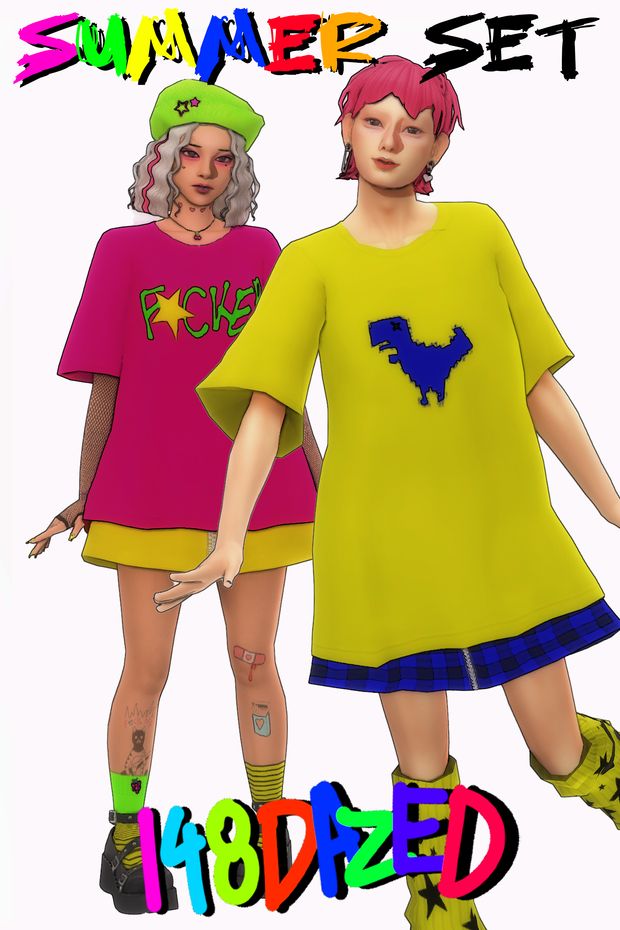 two young women in colorful clothing with the words'summer set'printed on them