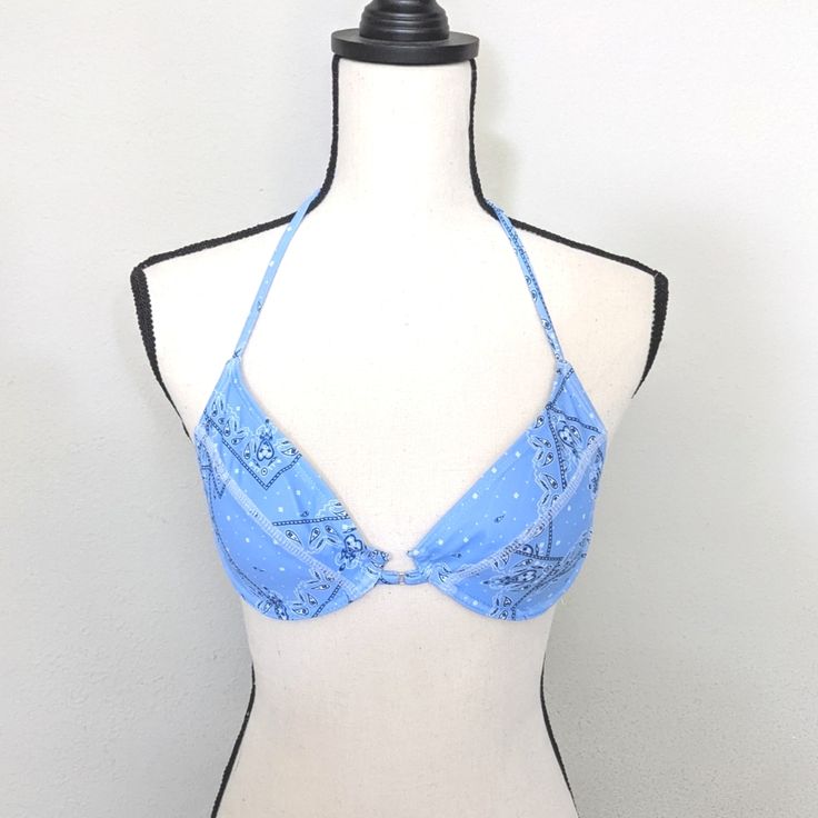 Blue And White Bandana Print Push Up Bikini Top Has Underwire, Ties Around The Neck And Hooks In The Back Has Stretch And Removable Padding 82% Polyester | 18% Spandex I Do Have The Matching Bottoms To These Tops Which Will Be Listed Right Next To This One Please Refer To Last Photo For Measurements And Fit Blue Summer Halter Top For Beachwear, Blue Halter Top With Built-in Bra For Beach Season, Blue Halter Top For Spring Beach Party, Fitted Blue Halter Top For Beach Party, Blue Halter Top With Built-in Bra For Swimming, Blue Halter Top For Summer Beach Party, Blue Triangle Halter Top For Poolside, Blue Triangle Top Halter For Poolside, Blue Halter Top For Poolside Spring Season