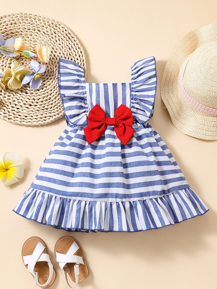 Blue and White  Collar Sleeveless Fabric Striped A Line Embellished Non-Stretch  Baby Girls Clothing Playful Sleeveless Dress With Bow, Sleeveless Beach Dress With Bow, Beach Sleeveless Dress With Bow, Blue Sleeveless Dress For Beach, Beach Cotton Dress With Bow, Striped Summer Dress For Playtime, Cute Sleeveless Dress With Ruffles For Summer, Blue Cotton Sleeveless Dress With Ruffles, Playful Ruffled Sleeveless Beach Dress