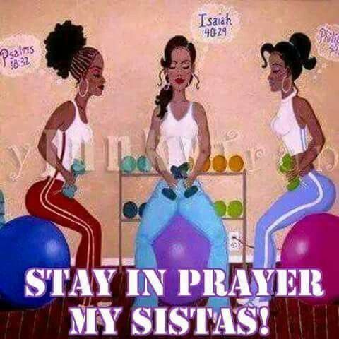 three women standing next to each other in front of a wall with words that say stay in prayer, my sistass