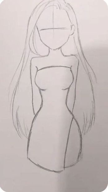 a drawing of a woman's body with long hair and no bra, standing in front of a white background