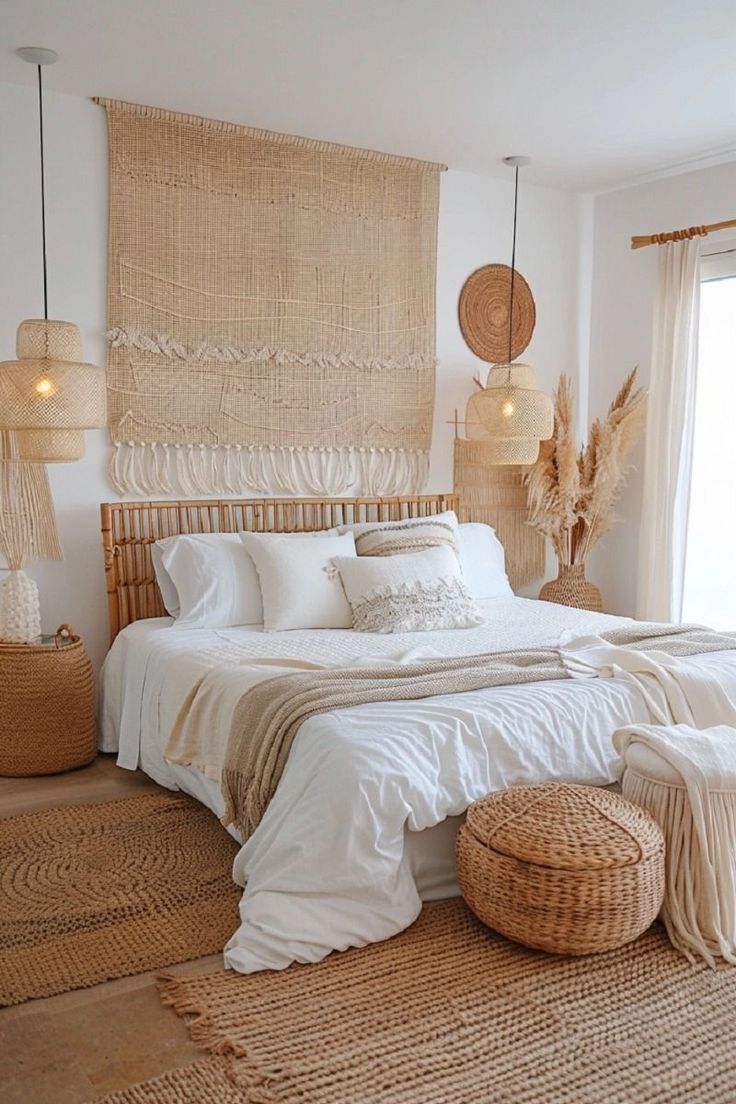 a bed with white linens and pillows in a bedroom next to a large window