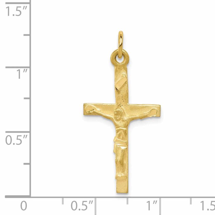 Add a touch of elegance and faith to your jewelry collection with our stunning 10k Yellow Gold Polished Satin Crucifix Pendant. This solid crucifix pendant is expertly crafted from casted 10k yellow gold, giving it a luxurious and timeless look. With an average weight of 1.3 grams and a width of 16mm, this pendant is the perfect size for everyday wear. The polished satin finish adds a beautiful shine to the piece, while the intricate details of the crucifix design showcase your devotion and fait Diamond Cat, Jewelry Charms Pendants, Gold Polish, Fine Jewelry Gift, Polish Jewelry, Selling Jewelry, Showcase Design, High Quality Jewelry, Gold Material