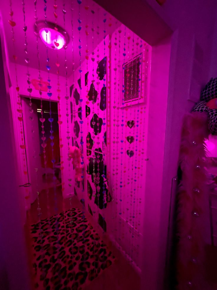 colorful neon apartment with beaded door curtain and cow print doors Pink Trippy Aesthetic Room, Led Lights House Aesthetic, Pink Lighting Bedroom, Vibey Kitchen Aesthetic, Aesthetic Apartment Pink, All Pink Apartment, Retro House Ideas, Trippy Apartment Aesthetic, Hot Pink And Black Room Aesthetic