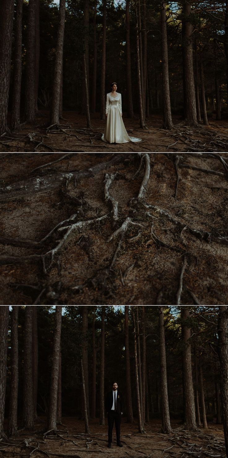 the bride and groom are standing in the middle of the woods, surrounded by tall trees