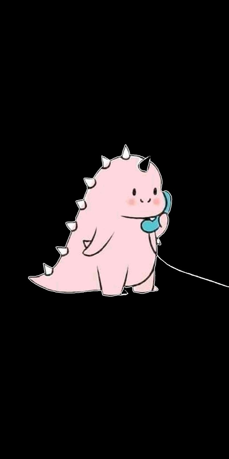 a pink dinosaur with a blue phone in its mouth on a black background by itself