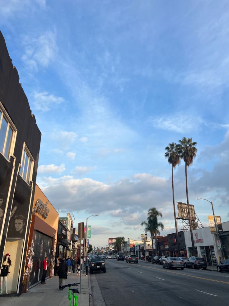 people are standing on the sidewalk in front of buildings and palm trees, while cars drive down the street