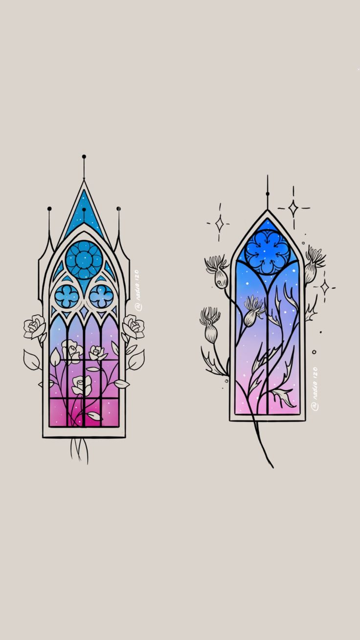 two stained glass windows with trees in the window sill and flowers growing out of them