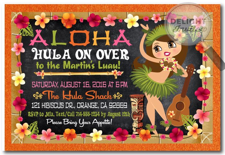 a hawaiian hula girl birthday party with flowers on the border and an orange background