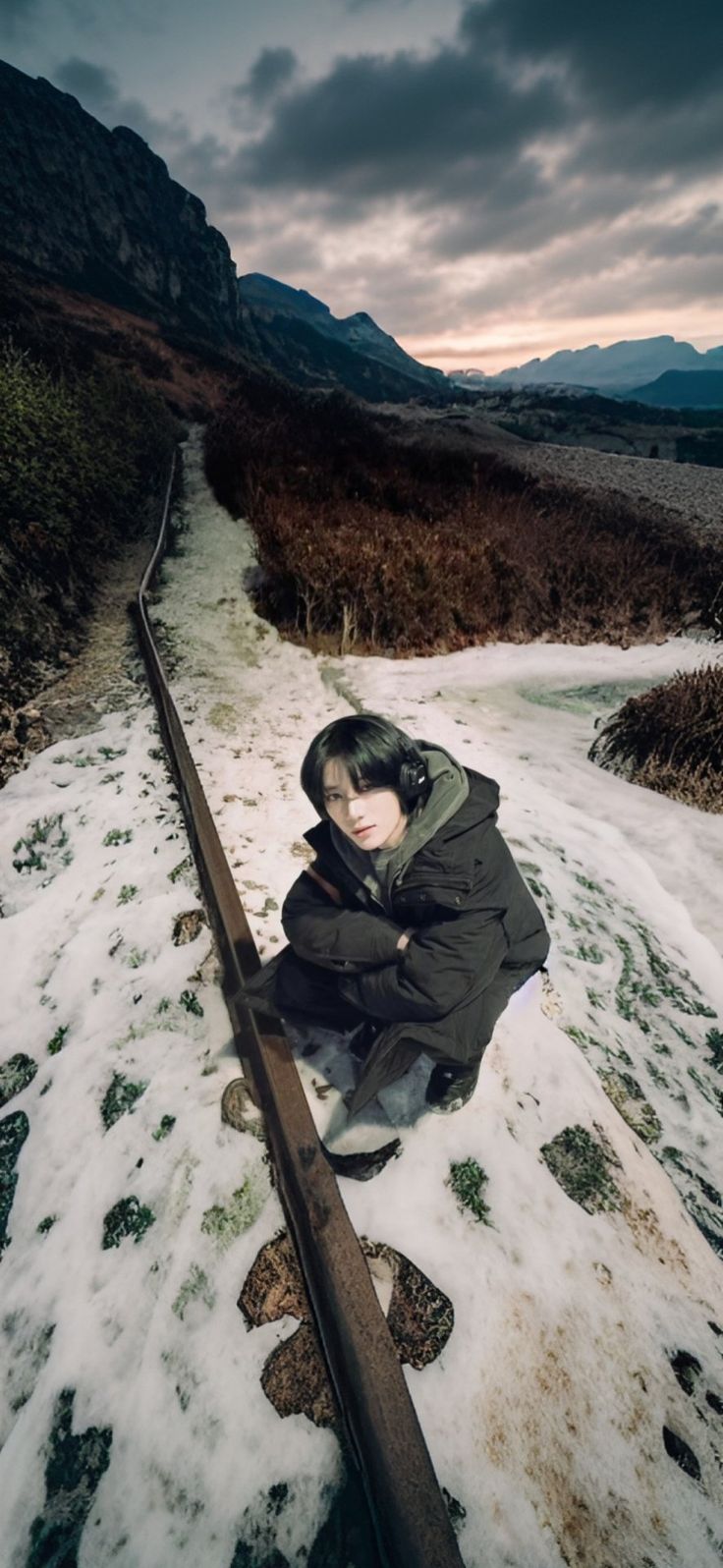 a person kneeling down in the snow on a train track