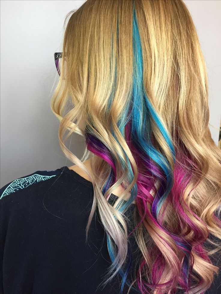 Pink, purple and blue (teal) peekaboo highlights under blonde - unicorn hair - mermaid hair Purple And Teal Peekaboo Highlights, Bright Color Underneath Hair, Pink Purple Blue Hair Streaks, Blue And Purple Hair Highlights, Teal Peekaboo, Peek A Boo Hair Color, Pink And Blue Highlights, Peek A Boo Hair, Blue Hair Highlights