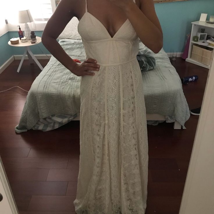 Beautiful White Gown With Intricate Lace Overlay. Bought As A Size 8, I Wear A Size Small Shirt, Size 4 Pants, And Am A 32d. The Waist Part Is A Little Loose On Me. White Lace Long Dress, White Lace Dress Long, Lace Long Dress, White Gown, Lace Dress Long, White Gowns, Lace Overlay, White Lace, Long Dress