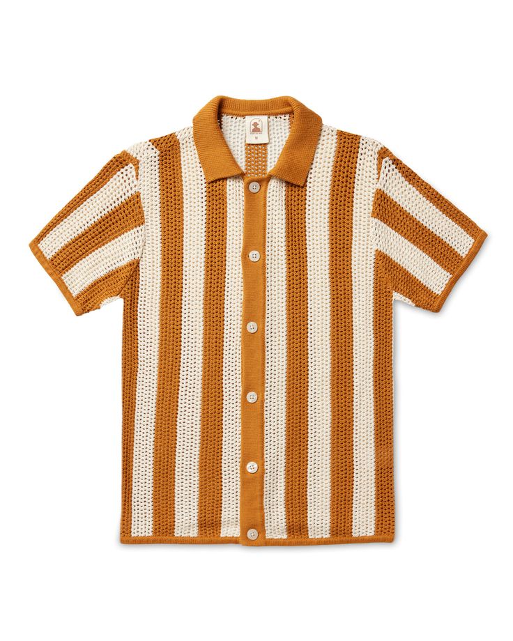 The Dominica Crochet Shirt lends elegance of form to any solar-seeking wardrobe on the fly, domestic or otherwise. Made from soft and breathable cotton crochet, this premium button up exceeds the mark for comfort, while adhering to a dapper outline that adjusts to the individual. The fiery sienna stripes add a pop of c Summer Knit Collared Shirt, Summer Collared Knit Shirt, Summer Collared Pointelle Knit Tops, Collared Pointelle Knit Tops For Summer, Collared Cotton Top With Pointelle Knit, Relaxed Fit Cotton Open Knit Top, Relaxed Fit Open Knit Cotton Top, Cotton Open Knit Top With Relaxed Fit, Vintage Open Knit Tops For Summer