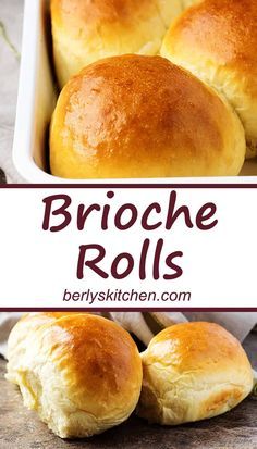 two pictures of bread rolls in a baking pan with the words brioche rolls above them