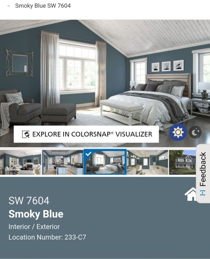 a blue and white bedroom is featured in this ad for the interior decorator website