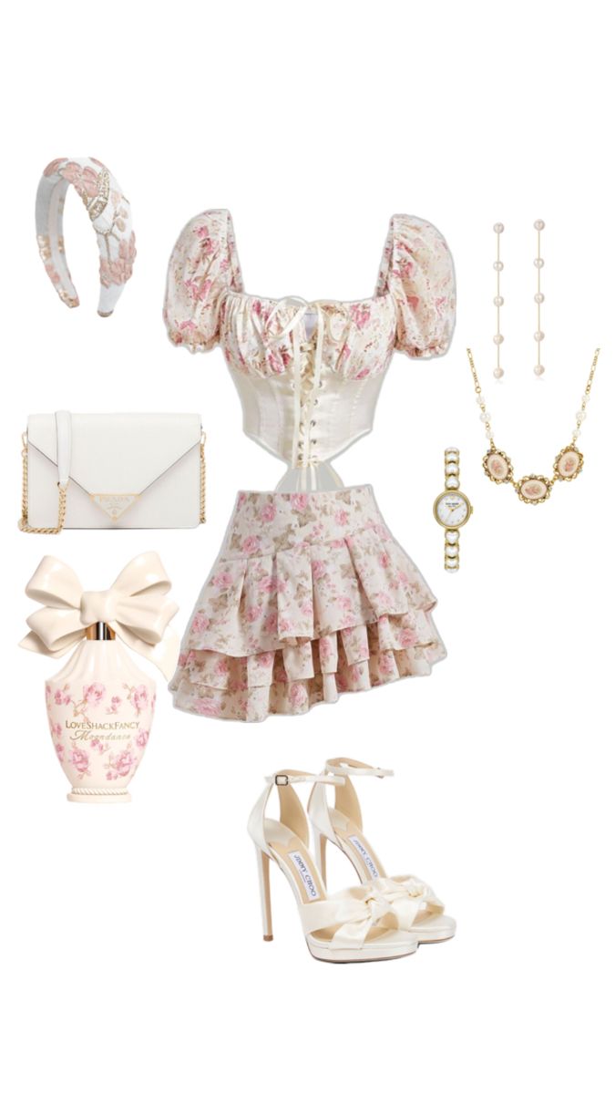 Coquette,OOTD,floral,top,skirt,plaided,heels,watch,earrings,bag,gold,perfume,love shake Coquette Fashion Outfit, Princesscore Outfits, Coquette Wardrobe, Aesthetic Outfits Coquette, Coquette Outfit Aesthetic, Outfit Inspo Coquette, Princess Aesthetic Outfits, Coquette Outfit Ideas, Outfits Coquette