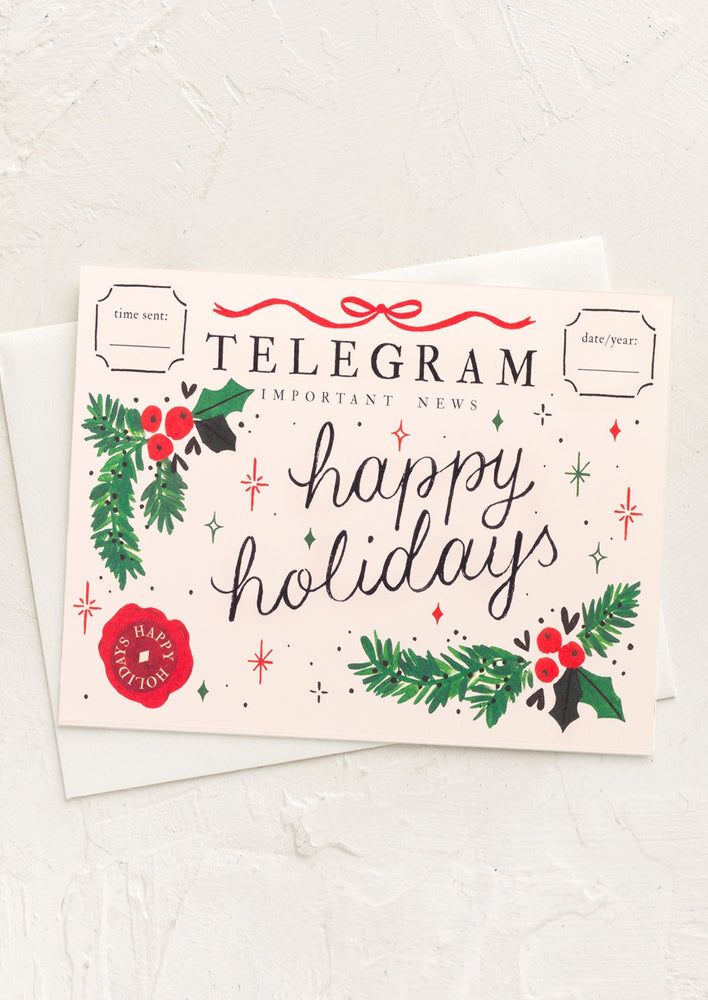 a greeting card with the words, happy holidays on it and holly wreaths in red