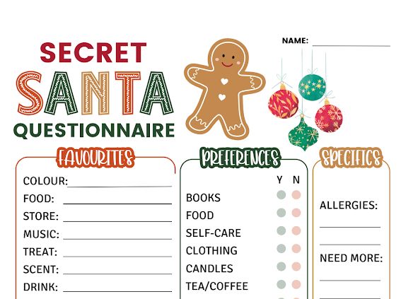 the secret santa questionnaire is in front of a christmas ornament and ornaments